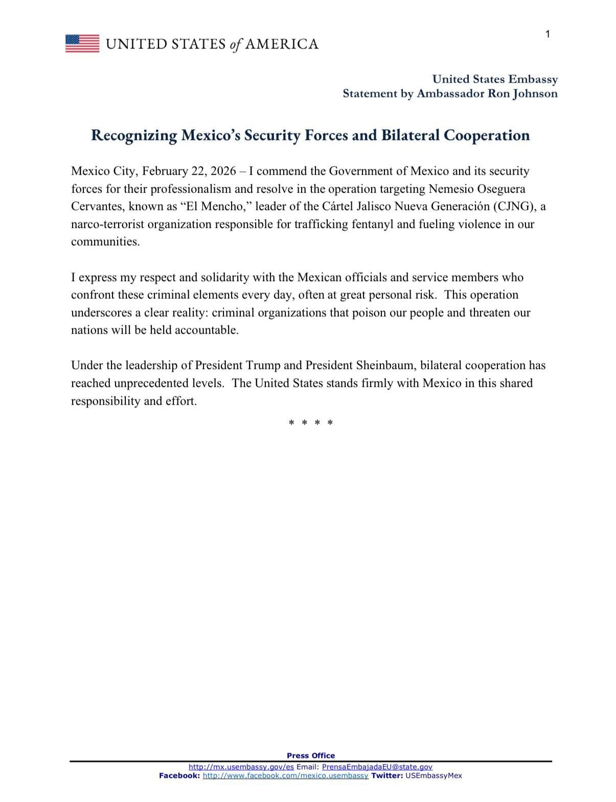 Reconoce Embajador de EU a las Fuerzas de Seguridad de México y la Cooperación Bilateral